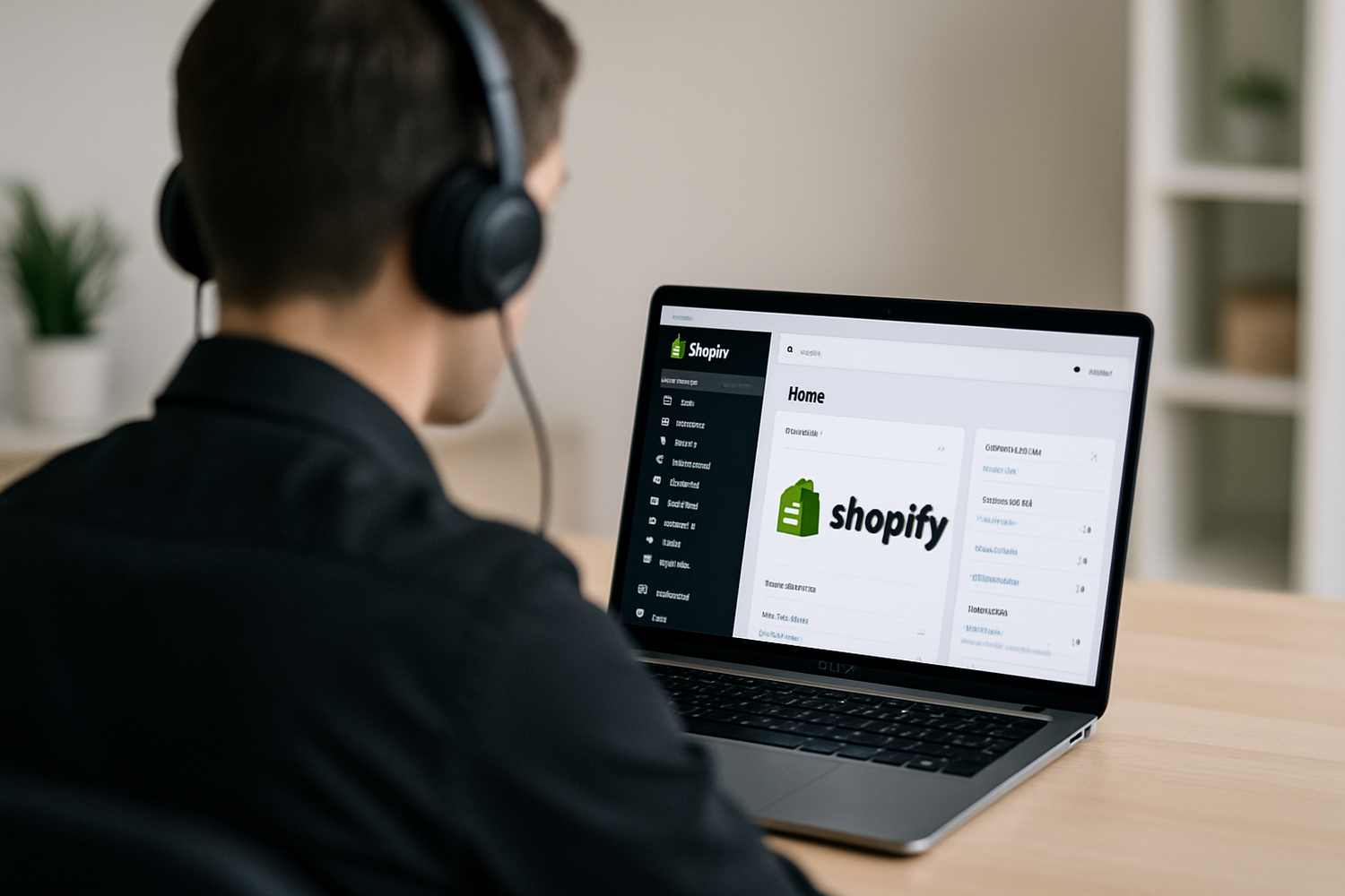 customer care online con l immagine di un macbook e shopify all interno dello schermo e una persona con le cuffie come customer care. La foto viene scattata alle spalle